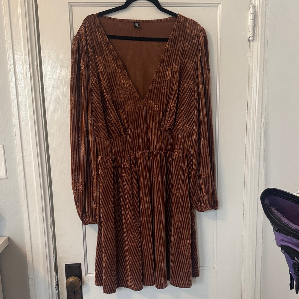 SHEIN Deep V-Neck Brown Long Sleeve Dress